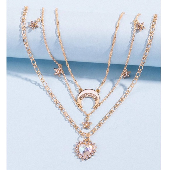 Gold Tone Rhinestone Heart Flowers Multilayer Necklace - Picture 2 of 3